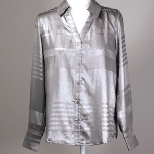 NWT Current Air Metallic Silver Striped Button Down Long Sleeve Top Blouse